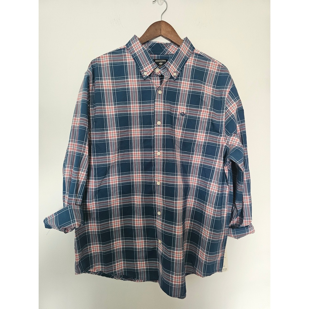 [Preppy] Dockers Plaid Button Down Shirt Mens XL Blue Red Signature Comfort Flex